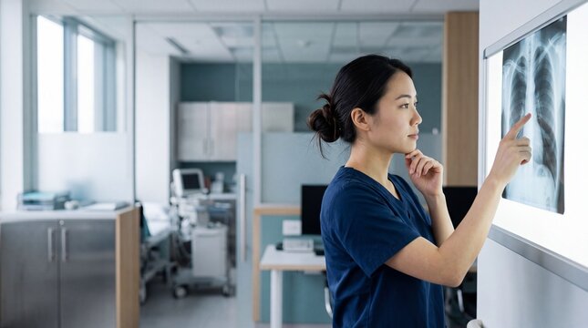 Medical Professional Examining X-ray: A focused female doctor in scrubs meticulously examines a chest X-ray, her finger tracing a point of interest on the illuminated film in a modern clinic.