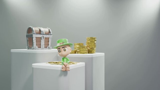 3d rendered leprechaun character sitting on podium with pile of gold coins and treasure chest in studio lighting.