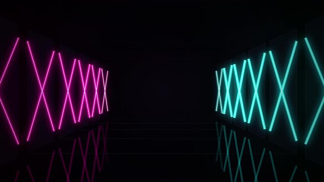 Neon x pattern walls reflecting on dark polished floor surface