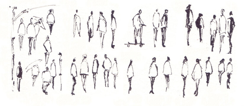 Set of abstract people sketched in watercolor and ink. Handdrawn illustration.