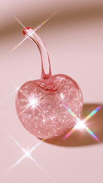 Sparkling transparent glass cherry with glitter and rainbow star reflections on a soft pink background, dreamy retro aesthetic with bright sunlight and playful glamour