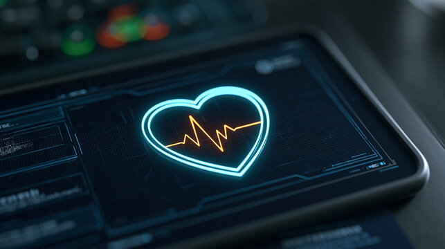 Heartbeat monitor displaying a glowing ekg waveform inside a stylized heart icon, symbolizing digital health tracking, medical technology, and cardiovascular care