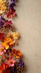 Plakat Fresh flower arrangement in a border design on a soft beige backdrop. Seasonal fall theme. Flat lay perspective with ample empty space