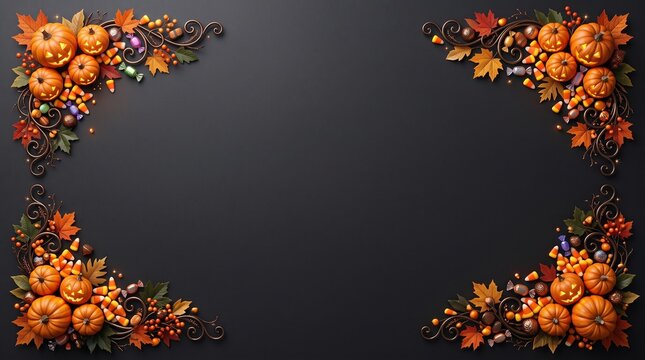 Decorative autumn frame with orange pumpkins and colorful fall leaves arranged on corners against a dark black background perfect for seasonal holiday invitation card design