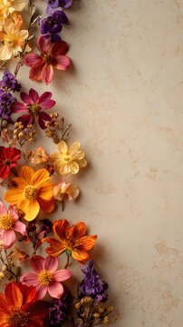 Fresh flower arrangement in a border design on a soft beige backdrop. Seasonal fall theme. Flat lay perspective with ample empty space