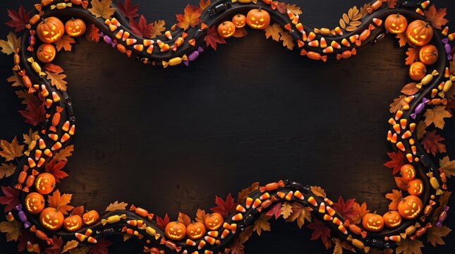 Halloween frame border made of orange pumpkins candy corn and colorful autumn leaves on a dark black background for holiday party invitations and spooky celebration greeting cards