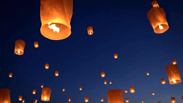 Sky lanterns floating in deep blue night sky at festival