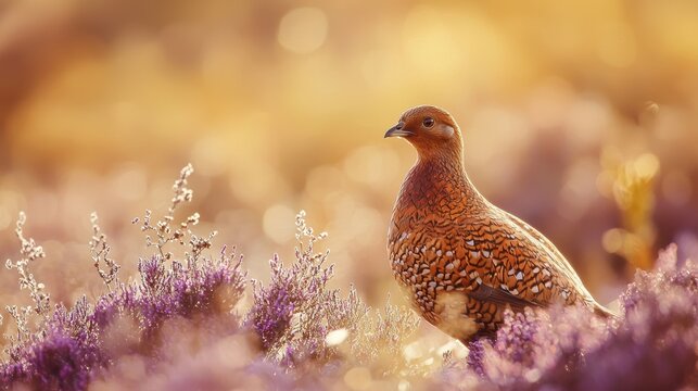 Red grouse among heather in autumn under sunny skies. Wildlife in Europe