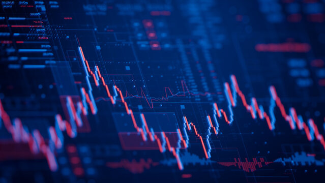 Stock forex financial data document graph chart report statistic marketing research development planning management analysis accounting. Financial business technology hologram concept. 3d rendering.