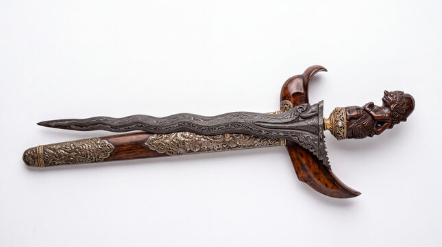 Traditional Indonesian Kris Dagger with Wavy Blade and Wooden Sheath.