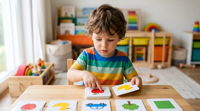 A young boy in a rainbow shirt sits at a wooden table, focused on educational flashcards in a bright, toy-filled room.
