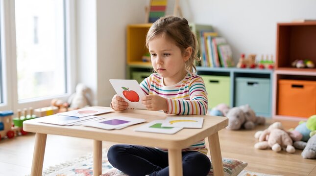 A young girl sits at a wooden table in a bright playroom, focused on learning with educational flashcards featuring fruits and colors.