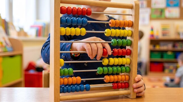 A child's hands move colorful beads on a wooden abacus in a bright classroom setting, practicing early math and counting skills.
