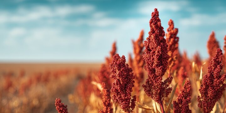 Sorghum field on a picturesque autumn day beneath a clear sky