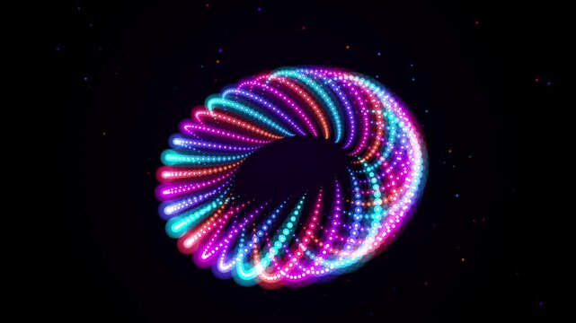 Neon particle torus rotating in dark space abstract motion background