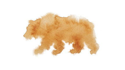 Obraz premium 白背景に描かれた茶色の水彩画風のクマのイラスト。柔らかい筆致と滲みが特徴的で、自然で温かみのある質感が表現された、シンプルで洗練されたデザイン素材です。野生動物の力強さと芸術的な繊細さが融合した、ポスターやカード、ウェブデザインなどの様々なクリエイティブプロジェクトに最適なグラフィック要素です。
