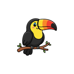 Fototapeta premium Colorful cartoon toucan perched on branch with cheerful expression.