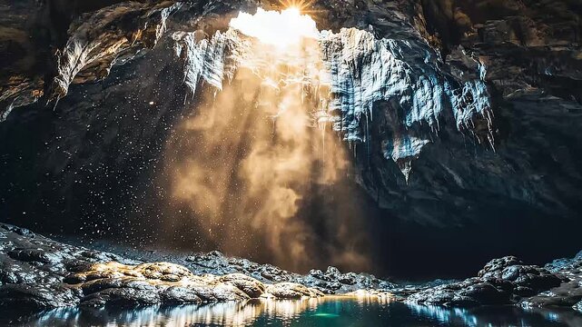 Sun Beams Breaking Through Natural Cave Ceiling with Dust Particles