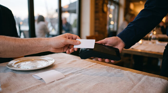 Close up of customer hand tapping credit card on a portable POS machine at a restaurant dinner table after meal. Contactless dining payment.
