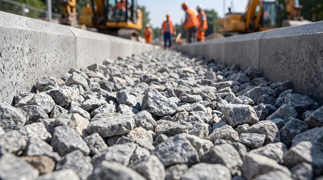 Crushed granite stone aggregate inside concrete drainage channel line.