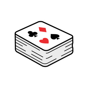 Stack of playing cards with suits symbols on white background.