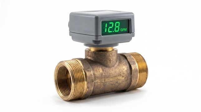 Digital flow meter displaying green liquid gpm measurements on pipe.