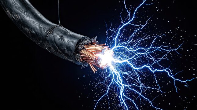 Damaged Electrical Cable Sparking Blue Energy Arcs on Black Background