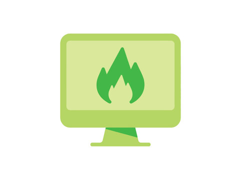 Green computer monitor displaying flame icon on screen