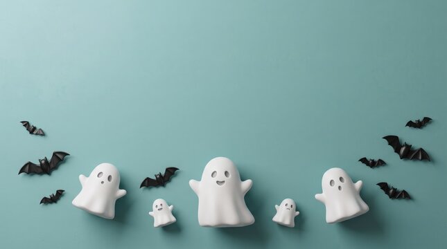 Cute little ghost figures and black paper bats arranged on a soft green background for halloween celebration