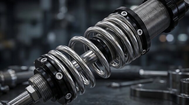 Heavy duty steel suspension shock absorber coil spring on work bench.