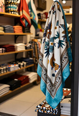 Obraz premium Fashion retail and luxury accessories, patterned silk scarf hanging in a clothing boutique with folded garments on shelves in the background
