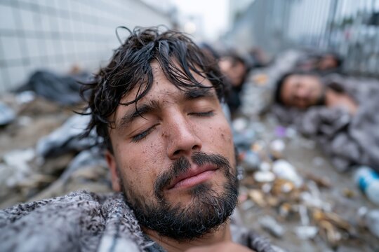 Homeless Men Sleeping On City Street