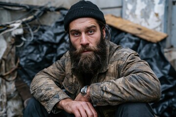 Fototapeta premium Bearded Man in Worn Jacket Outdoors