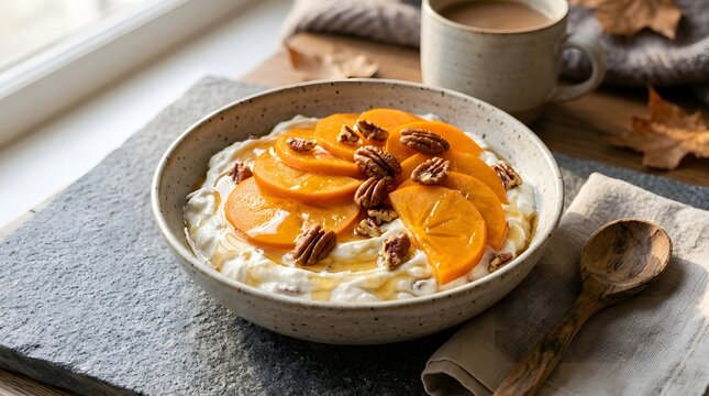 A delicious bowl of creamy yogurt topped with sliced persimmon and crunchy pecans for a healthy breakfast.
