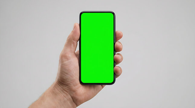 Hand holding smartphone with green screen on grey background
