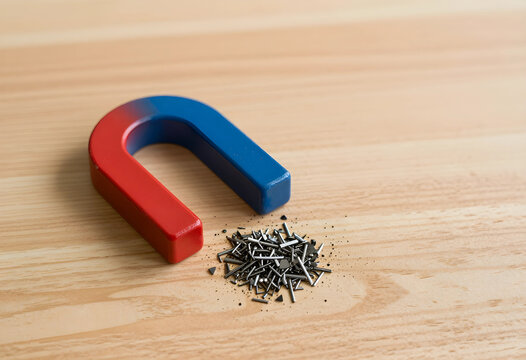 Attraction and marketing strategy, horseshoe magnet pulling metal shavings on a wooden desk for business growth and lead generation