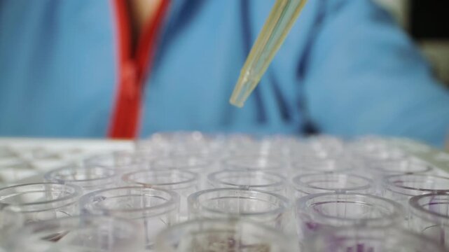 Pipette tip holds droplet above clear multiwell tray in clinical laboratory setting, with softly blurred person in blue protective clothing behind, cool light, translucent texture, and precise low