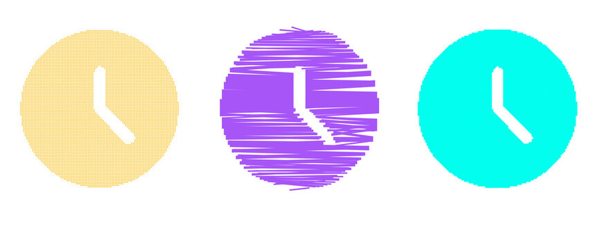 Three access time icons with stylized clock faces on transparent background icon symbol