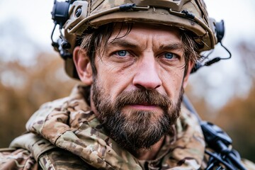 Obraz premium Soldier in Tactical Helmet Close Portrait