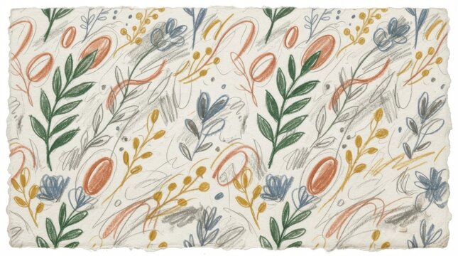Whimsical hand-drawn floral pattern with botanical elements and abstract scribbles, ideal for charming textile and stationery designs.