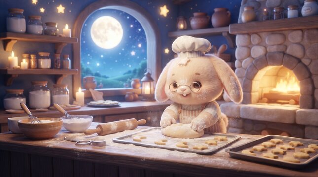 Cute bunny chef baking cookies at night in cozy bakery kitchen with moon