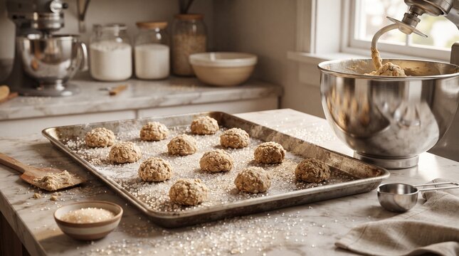 Raw cookie dough balls on baking tray with stand mixer in rustic kitchen