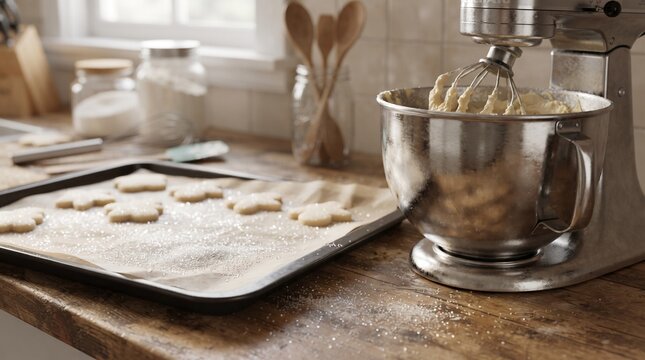 Raw cookie dough on baking sheet with stand mixer in rustic kitchen