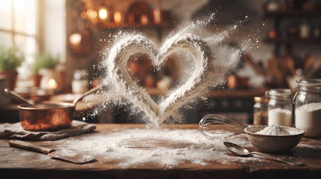 Magical flour heart shape floating in rustic bakery kitchen with baking tools