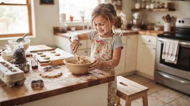 Little girl baking cookies in home kitchen with flour and dough