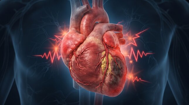 Human heart with red electric pulse and ECG heartbeat inside chest