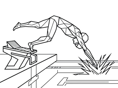 Geometric line art of a diver jumping into water from a diving board