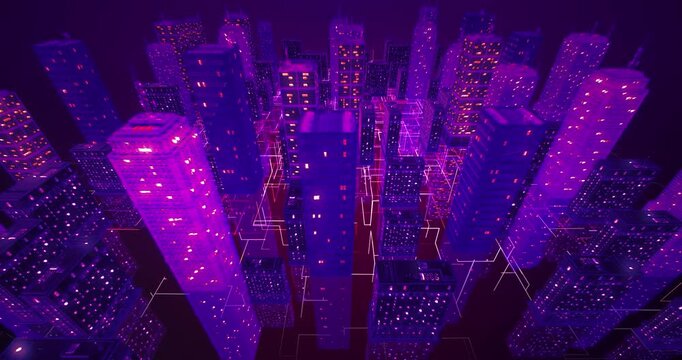 Digital 3D wireframe cityscape model with animated data flow and communication lines. Technology related 3D animation.