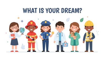 Fototapeta premium Childhood and dream concept with diverse kids dressed in professional career uniforms representing future aspirations