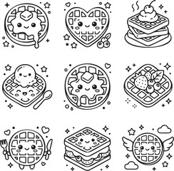 Fototapeta premium Cute Waffle Collection Nine Black White Flat Vector Icons Belgian Bubble Waffles Dessert Ice Cream Chocolate Cafe And